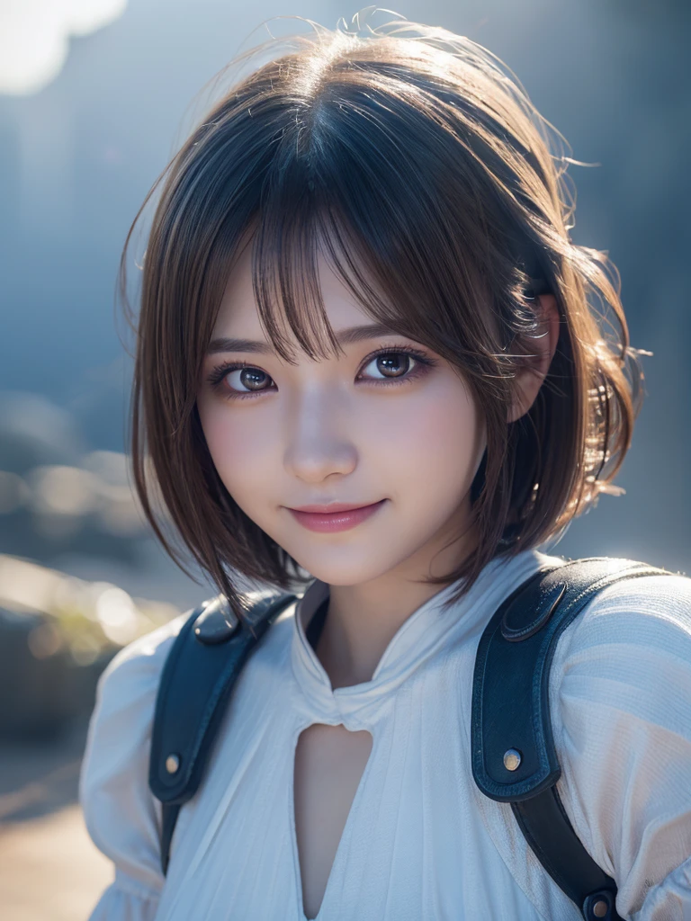head shot,beautiful detailed eyes, droppy eyes,beautiful detailed lips, extremely detailed eyes and face, long eyelashes, 1 japanese girl, fantasy character, (Final Fantasy, yuuna),smile,short hair,elegant white dress,break, blue long skirt,break,magical girl, highly detailed, fantasy landscape, dramatic lighting, glowing effects, mist, intricate details, volumetric lighting, cinematic composition, hyper realistic, 8k, best quality, masterpiece, photorealistic,Highres fix