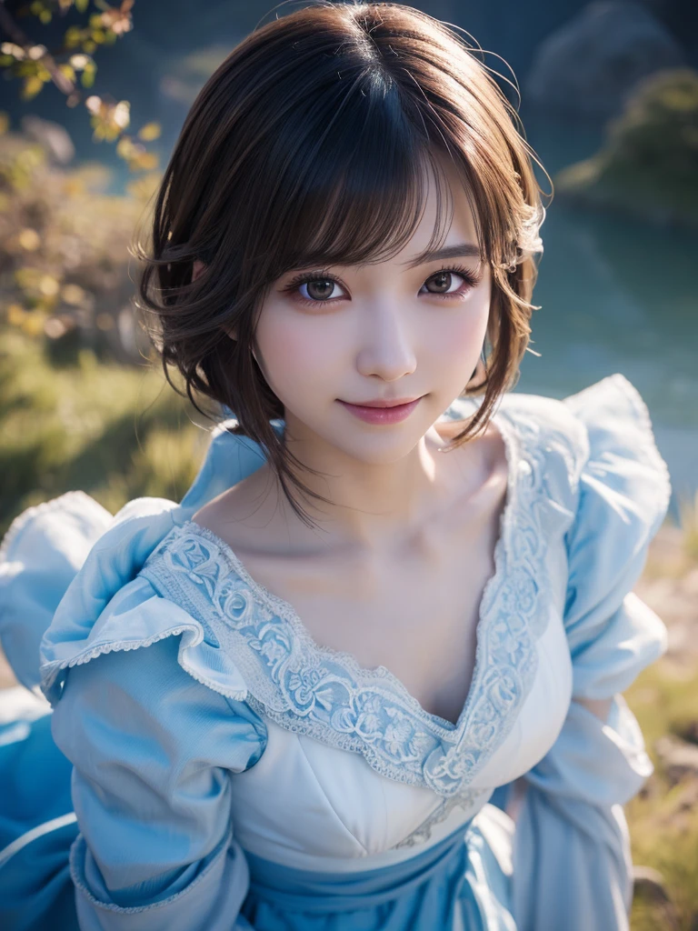 head shot,beautiful detailed eyes, droppy eyes,beautiful detailed lips, extremely detailed eyes and face, long eyelashes, 1 japanese girl, fantasy character, (Final Fantasy, yuuna),smile,short hair,elegant white dress,break, blue long skirt,break,magical girl, highly detailed, fantasy landscape, dramatic lighting, glowing effects, mist, intricate details, volumetric lighting, cinematic composition, hyper realistic, 8k, best quality, masterpiece, photorealistic,Highres fix