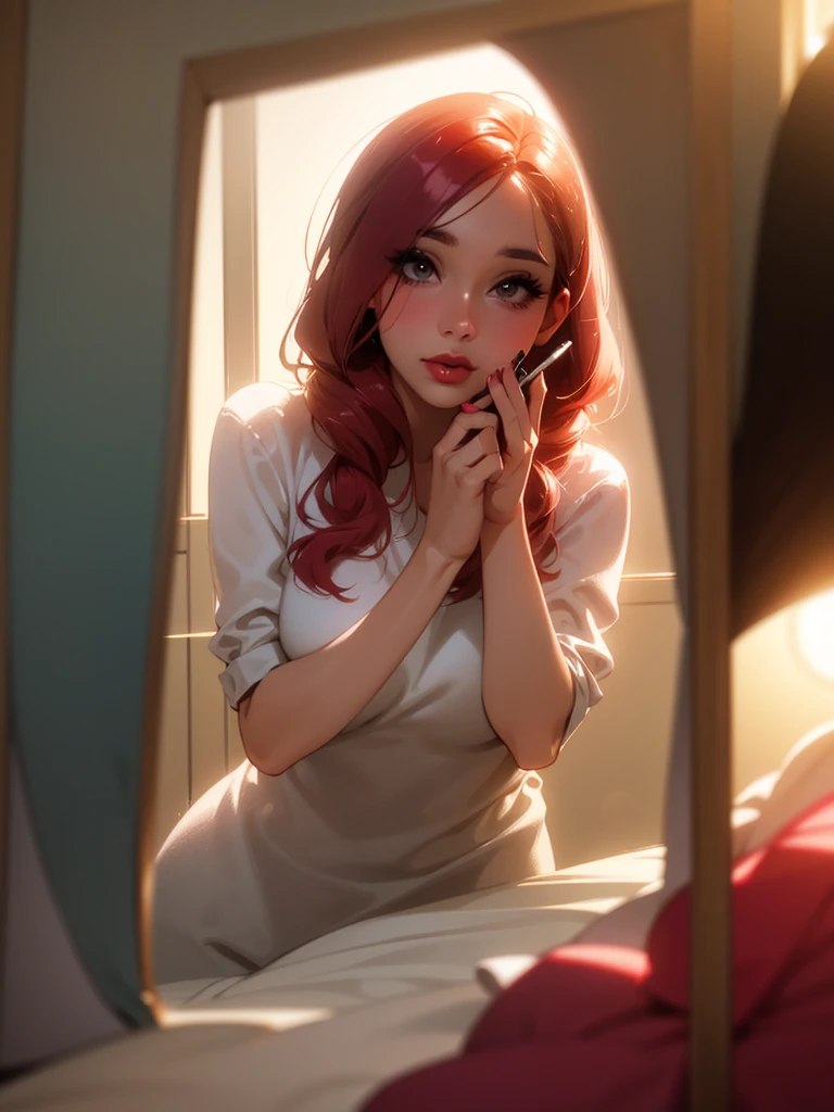 (Sumilux f1.4 50mm , low Latitude old color negative film , cross process , (bokeh), flare, chromatic aberration , soft focus, (Shallow focus) , soft glow , Maximum aperture, high Key , Transparent depiction , Tyndall) , erotica , Adolescent girl , coquettish , In front of the dressing table, putting on makeup for the first time , Heavy makeup , glossy lips , (focus face) , (dreamy look) , Doodle your face with rouge lipstick