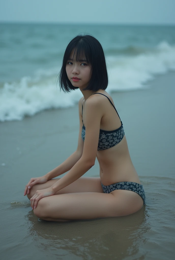 (((One girl,alone))),(Highly realistic photos, High resolution, Detailed face, Beautiful Eyes) Japanese women, 30 years old, Cute Face, Nice body, Medium chest, ,Hairstyle, Healthy Body,Thighs、turn over、Depth of written boundary,Narrow eyes,Light Smile、Wind、It's raining a little、Body like a model、Waterfront、Dark Shadow、Dark Sky、Sit down and spread your legs,(ビキニスタイルのBeachバレーユニフォーム:1.5),Beach
