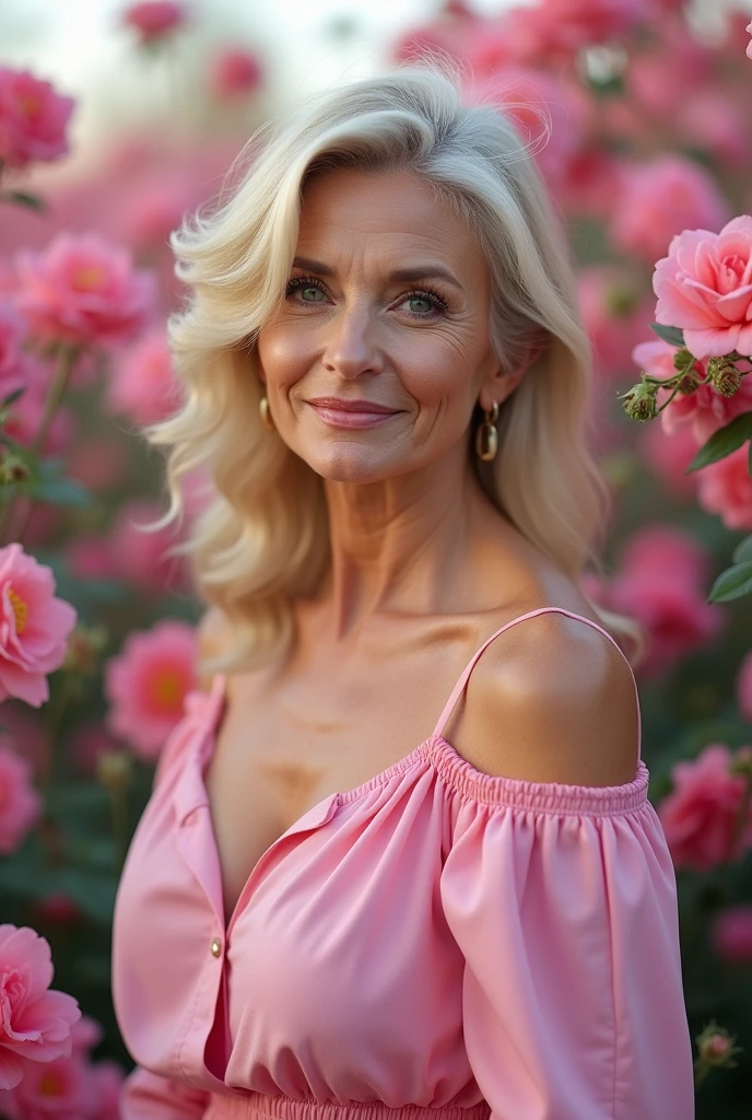 （Absurd，Ultra-high resolution，Very detailed），（Pink and white），Mature Woman，Bust photo，Surrounded by flowers，Blurred flower background，（Blurred：1.3，Soft lighting：1.4，Cinematic Light：1.4）