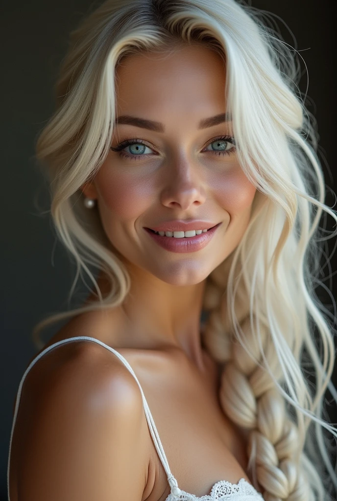 [close up of the face] masterpiece, Best Quality, super rendering, anatomically correct, textured skin, super detail, high details, high quality, award winning, best quality, high resolution, 16k, 8k High Detail Face, full body shot, 1girl, Solo, 10's Beautiful German girl, long Platinum blonde hair, Single braided, Blue eyes, skin details, skin pores, very slim breasts,  perfect hands, natural breasts, wide hips. --Sexy body --Prominent bare breasts --Detailing, full body, a lot of femininity, tempting, Dazzling, sensual pose, muse, shallow depth of field, sharp focus, flat lighting, photo realistic, best whitened teeth, gentle bright smile facial expression 