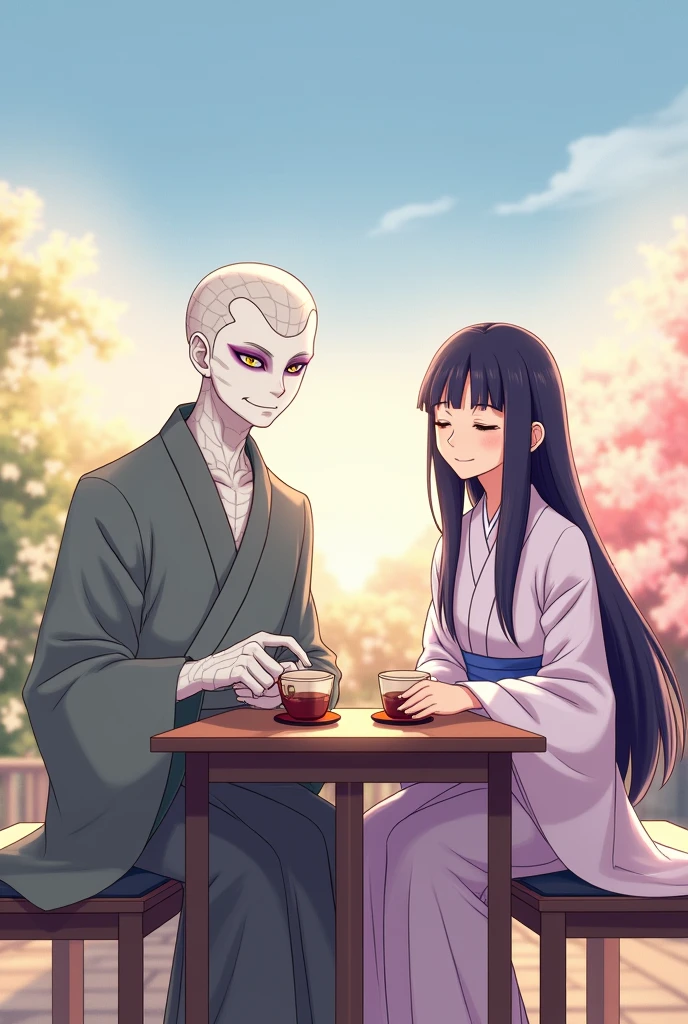 Orochimaru and adult Hinata Hyuuga are sitting together at a traditional Japanese tea table, enjoying tea in a serene setting. Orochimaru has completely white skin with a scaly, snake-like texture, yellow eyes with bold purple eyeliner, and a calm, happy expression. He is dressed in his traditional outfit with long sleeves and is holding a tea cup. Hinata, with her long dark indigo hair and lavender eyes, wears a modern kimono in soft lavender and white tones, and smiles softly, radiating warmth. The background features a peaceful garden scene with a warm color palette of soft blues and oranges, with a gradient sky from light blue to deep orange. Delicate flowers in the background enhance the tranquil mood. The scene is illustrated with fine, delicate lines and soft colors, creating a light, airy feel and capturing the gentle, happy atmosphere of the moment