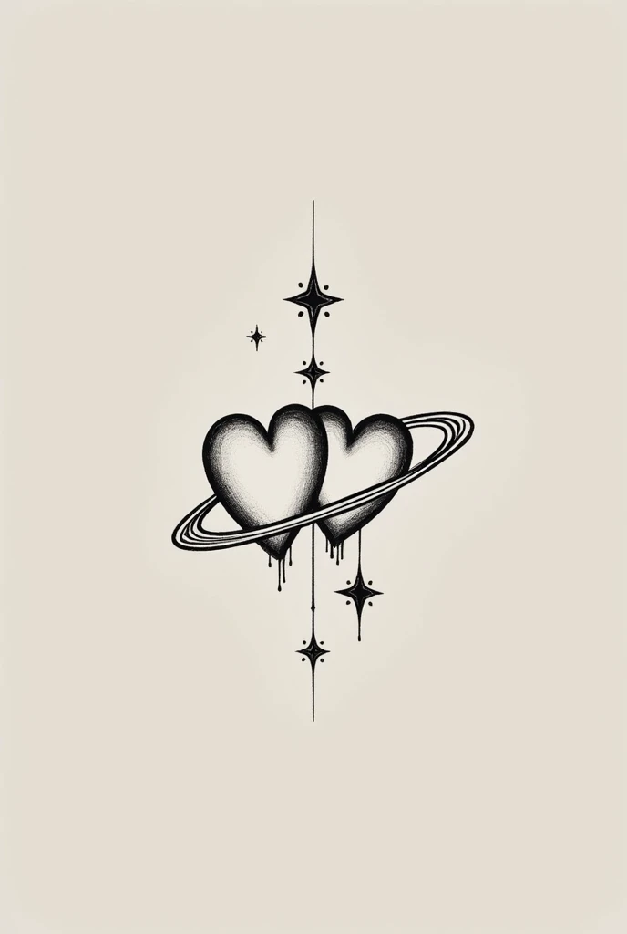Create tattoo in lines without color, two hearts with a Saturn on one side and three stars in a line