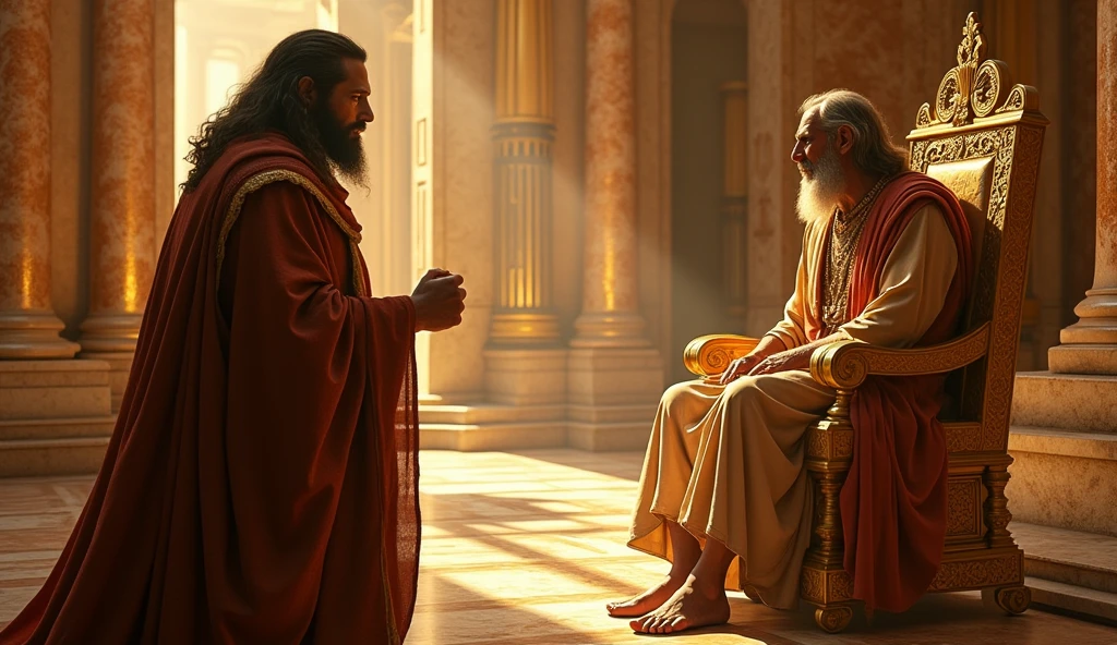 "Moses confronting the Pharaoh in an opulent palace, golden details and marble, Pharaoh on throne with a disdainful expression, Moses firm and resolute, palpable tension in the composition, 16:9 --v 6 --ar 16:9 --style 4b"