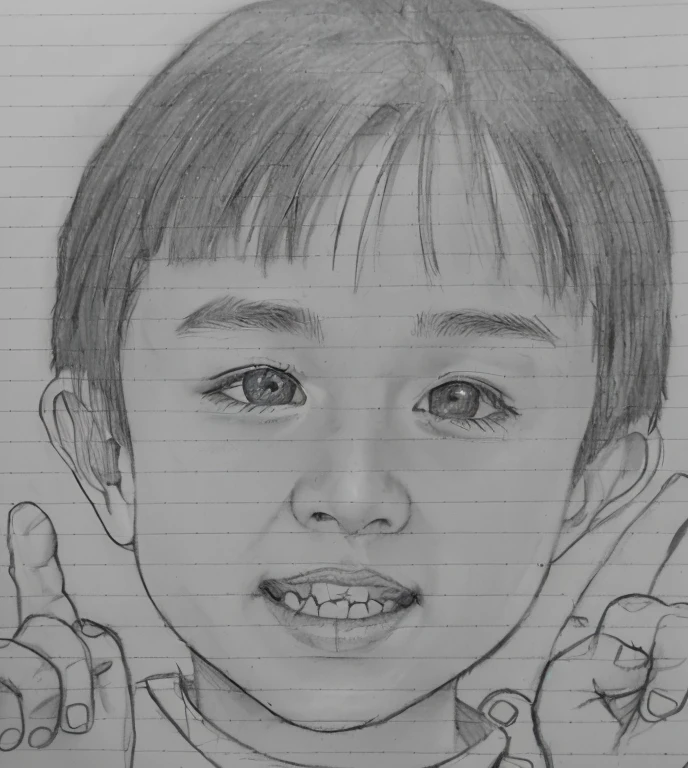 A picture of a boy smiling with his hand on his chest, a Pencil sketch, Realism drawing, Pencil sketch, Realistic sketch, Close-up portrait, Pencil drawing, Realistic portraits, Professional sketching, cute portrait, hyperRealistic sketch, pencil on paper, Detailed portrait, Traditional portrait, loose Pencil sketch, Professional portrait, Art sketch, Realistic Graphite, very Detailed portrait