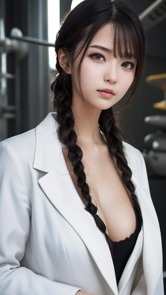 High resolution,woman,Small breasts,Black Hair,Double Braid Hairstyle,Bang bang,Green Eyes,In formal attire,uniform,White coat,Dark look,warship,ship aircraft carrier, Futuristic, sf, warplane, space, war