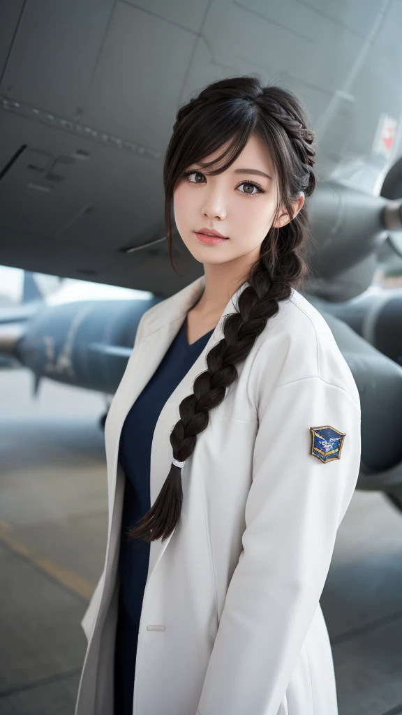 High resolution,woman,Small breasts,Black Hair,Double Braid Hairstyle,Bang bang,Green Eyes,In formal attire,uniform,White coat,Dark look,warship,ship aircraft carrier, Futuristic, sf, warplane, space, war