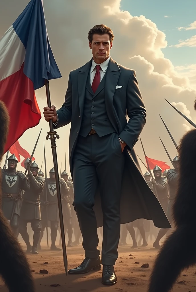 Jordan bardella une personne jeune , politicien en costard Tenant un drapeau français dans la main droite, et une Rapiere dans la main gauche, tout ça sur champ de Bataille ou la guerre Fait rage Entre les chevalier français et les singe noir