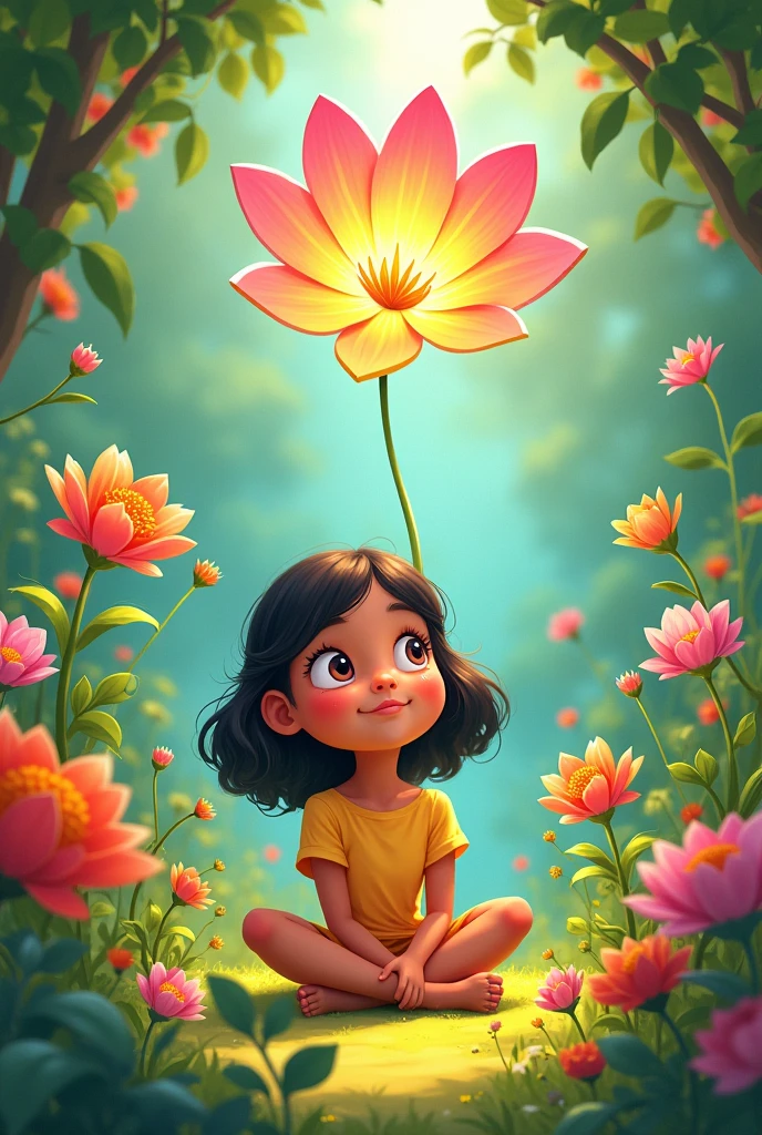 Cartoon style drawing of Uma sitting in a beautiful flower garden, surrounded by a variety of colorful flowers. She watches, Fascinated, a special flower that shines with all the colors of the rainbow, standing out among the others.