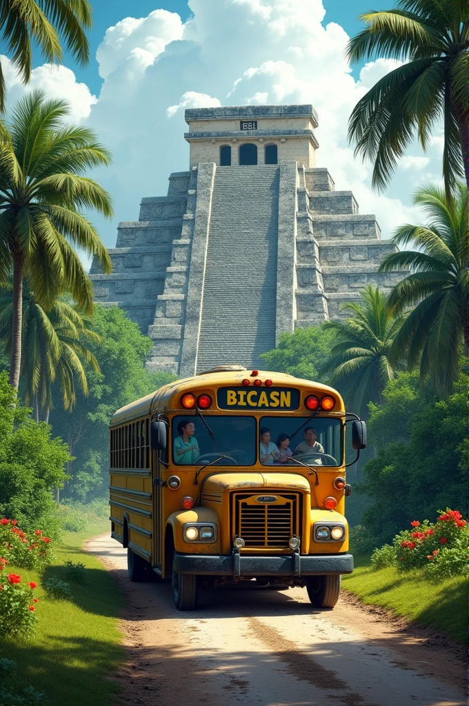 Bus with pyramid image Yucatan