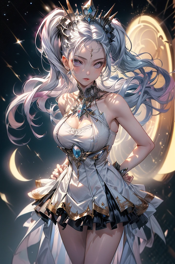 ((best quality)), ((masterpiece)), (detailed), beautiful young woman, royal and well defined facial features, alabaster white skin, oval shaped face, starry pink lips, starry pupiled eyes( 8 pointed star pupils), sleek and wavy two tone astral colored hair(moonlight blue, silver), twintails, slim thick, athletic build, D-cup breasts, slim waist, large round ass, short height(165cm), modern royal fantasy setting, elegant battle dress
