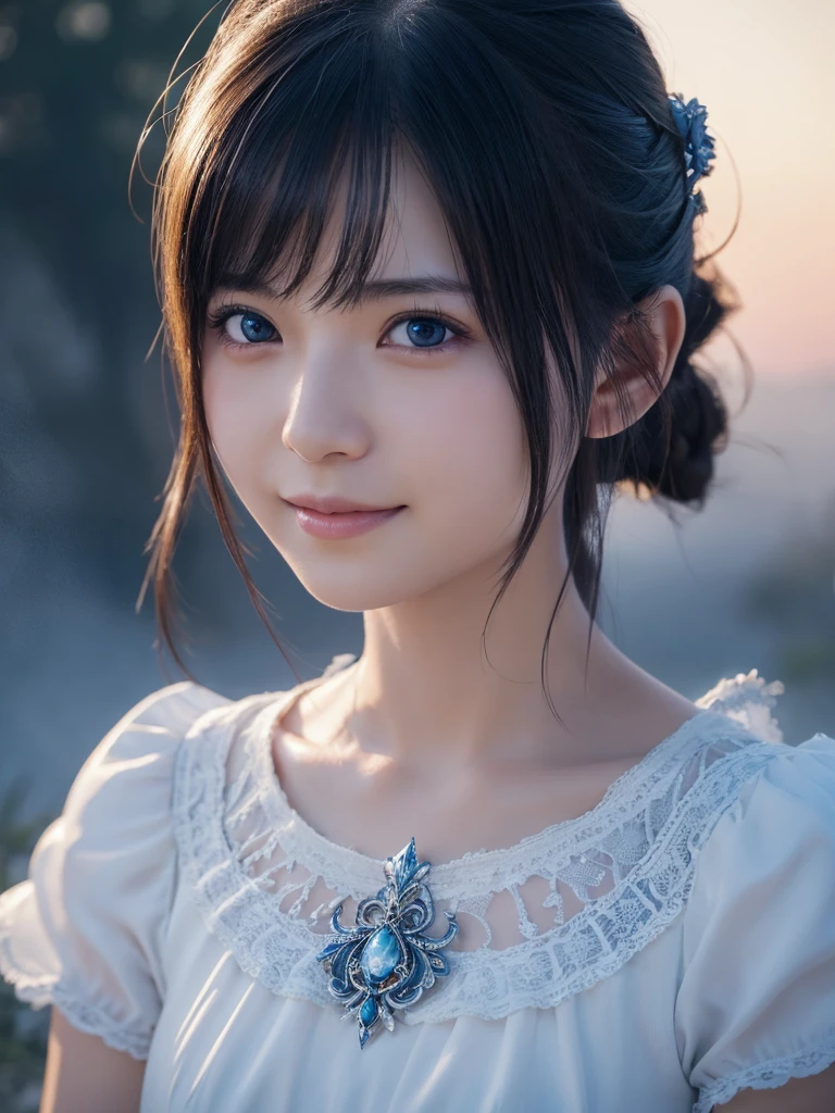 head shot,beautiful detailed eyes, droppy eyes,beautiful detailed lips, extremely detailed eyes and face, long eyelashes, 1 japanese girl, fantasy character, (Final Fantasy, yuuna),smile,short hair,elegant white dress,break, blue long skirt,break,magical girl, highly detailed, fantasy landscape, dramatic lighting, glowing effects, mist, intricate details, volumetric lighting, cinematic composition, hyper realistic, 8k, best quality, masterpiece, photorealistic,Highres fix