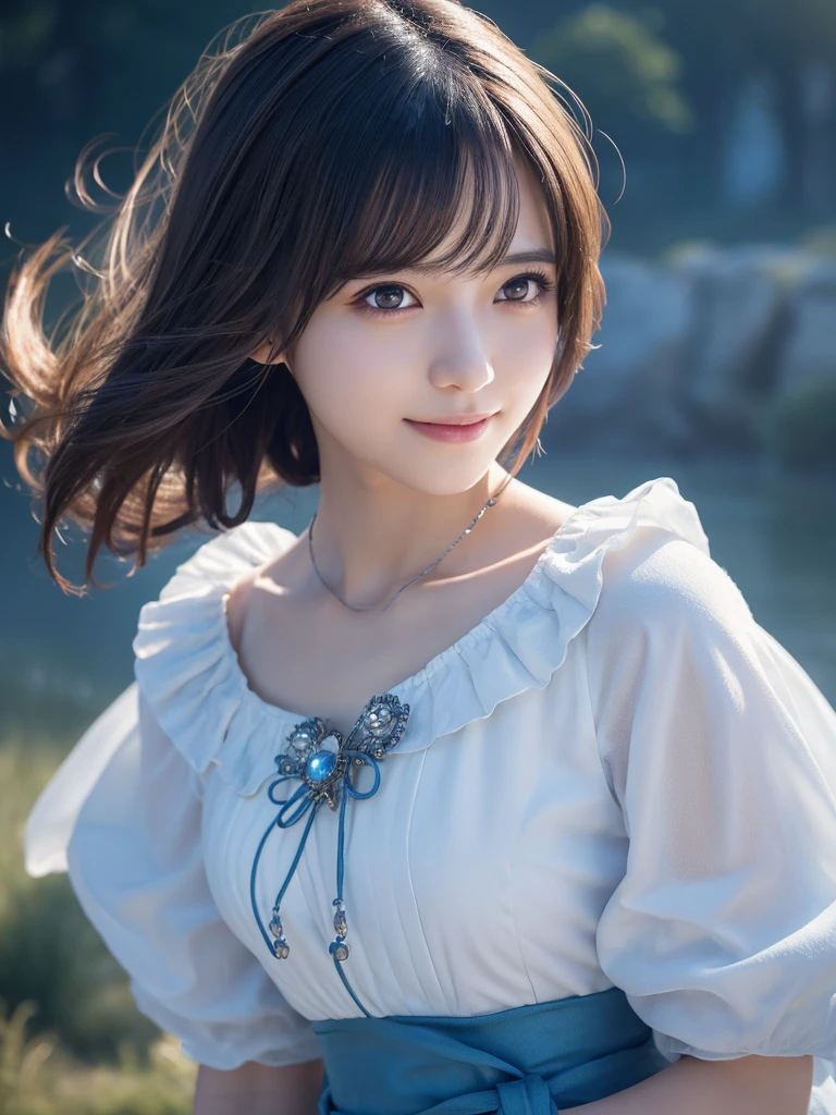 head shot,beautiful detailed eyes, droppy eyes,beautiful detailed lips, extremely detailed eyes and face, long eyelashes, 1 japanese girl, fantasy character, (Final Fantasy, yuuna),smile,short hair,elegant white dress,break, blue long skirt,break,magical girl, highly detailed, fantasy landscape, dramatic lighting, glowing effects, mist, intricate details, volumetric lighting, cinematic composition, hyper realistic, 8k, best quality, masterpiece, photorealistic,Highres fix