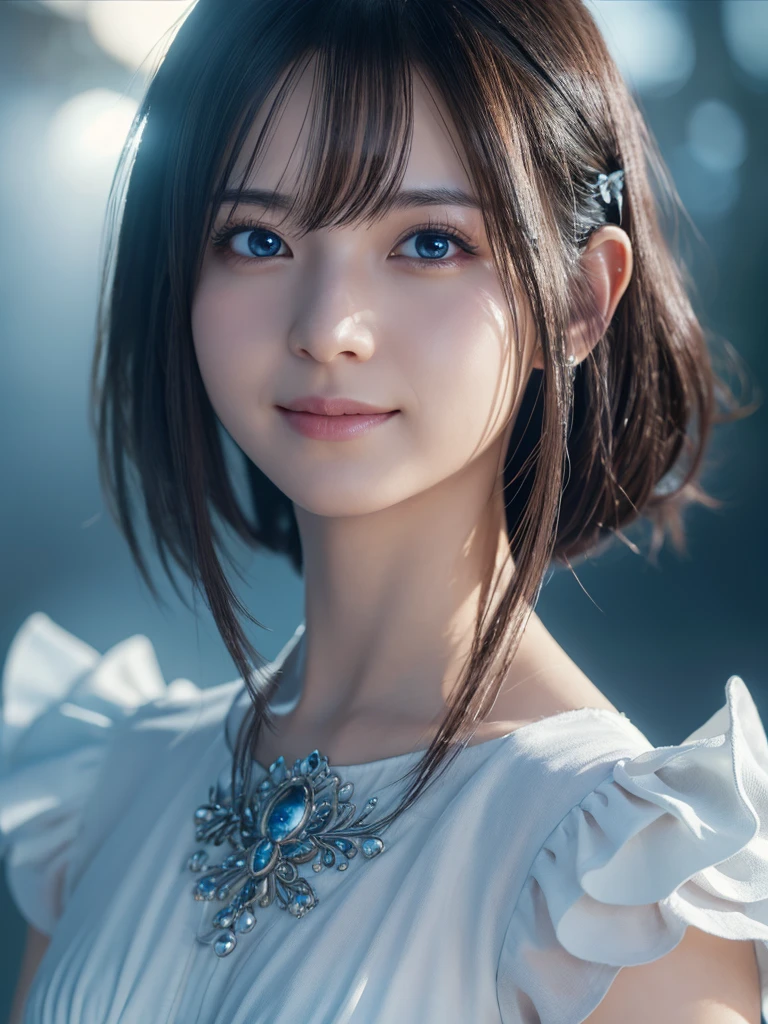 head shot,beautiful detailed eyes, droppy eyes,beautiful detailed lips, extremely detailed eyes and face, long eyelashes, 1 japanese girl, fantasy character, (Final Fantasy, yuuna),smile,short hair,elegant white dress,break, blue long skirt,break,magical girl, highly detailed, fantasy landscape, dramatic lighting, glowing effects, mist, intricate details, volumetric lighting, cinematic composition, hyper realistic, 8k, best quality, masterpiece, photorealistic,Highres fix