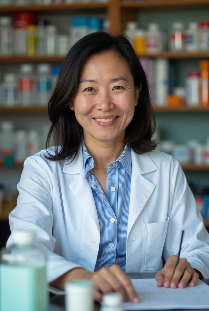 Photo of a Vietnamese pharmacist wearing a white blue shirt with shoulder-length hair standing in a pharmacy