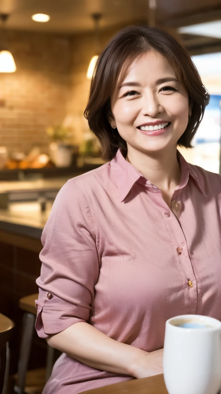 8k wallpaper, masterpiece, Highest quality, Very detailed, One Woman, 50 years old, Become very clear, Wearing a spring-like shirt, Skin dents, Captivating smile, Looking at the audience, , Plump, Curvaceous, Attractive face, Smiling with teeth showing, I was happy, sitting in a cafe, Background Blur