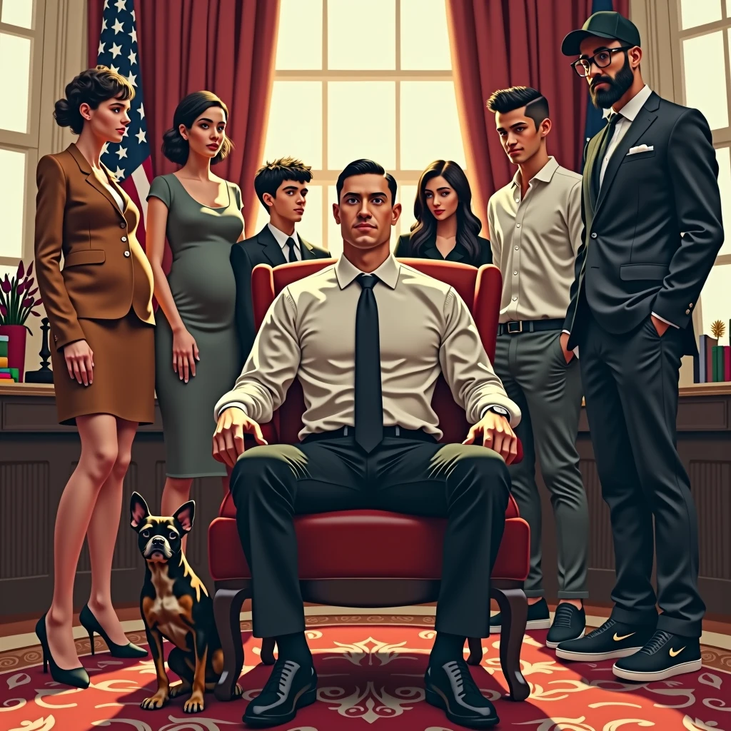 insane Masterpiece, unparalleled, (Office: 1.5), CG drawing with super high detail, handsome, cold face, expressionless,, (a man with short black hair, white shirt, black tie, black pants, leather shoes, a little scum: 1.8),, Inside the president's office, luxurious, sitting on a chair, facing the audience, illustrations Animated white skin beautiful girl fashionable pregnant , a pair of short curly haired boys hugging a black haired chihuahua dog, along with a tall man with a black beard wearing reading glasses , Nike flat cap and sport shirt Nike shoes with USA flag background on the back --v 6 --s 1000 --c 20 --q 500 --chaos 100