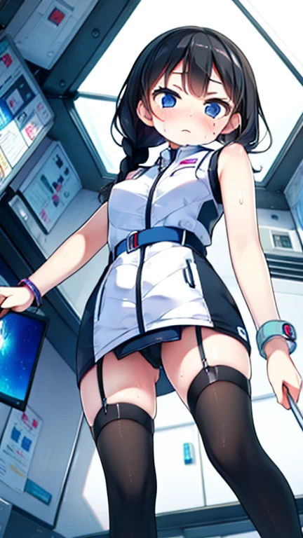 (Highest quality), (masterpiece), 1080P, High resolution, 4K, 8k, Inside the space station、Futuristic room、Thigh straps, Shooting from directly below, The woman on top of me, 白いSweat, Covered , Sweat, Woman looking down, Skirt swimsuit, Thigh-high socks, To achieve this, , , whole body, Black leather shoes, Braided hair, Inner Color, Embarrassed face, Short black hair, bracelet, Bedroom,celestial body_Vest