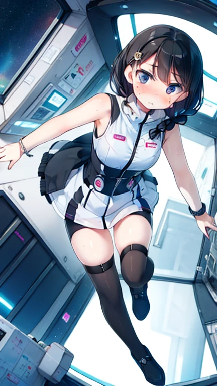 (Highest quality), (masterpiece), 1080P, High resolution, 4K, 8k, Inside the space station、Futuristic room、Thigh straps, Shooting from directly below, The woman on top of me, 白いSweat, Covered , Sweat, Woman looking down, Skirt swimsuit, Thigh-high socks, To achieve this, , , whole body, Black leather shoes, Braided hair, Inner Color, Embarrassed face, Short black hair, bracelet, Bedroom,celestial body_Vest