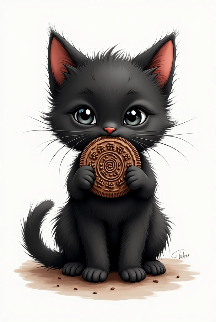 a drawing of a cute black kitten with an oreo cookie