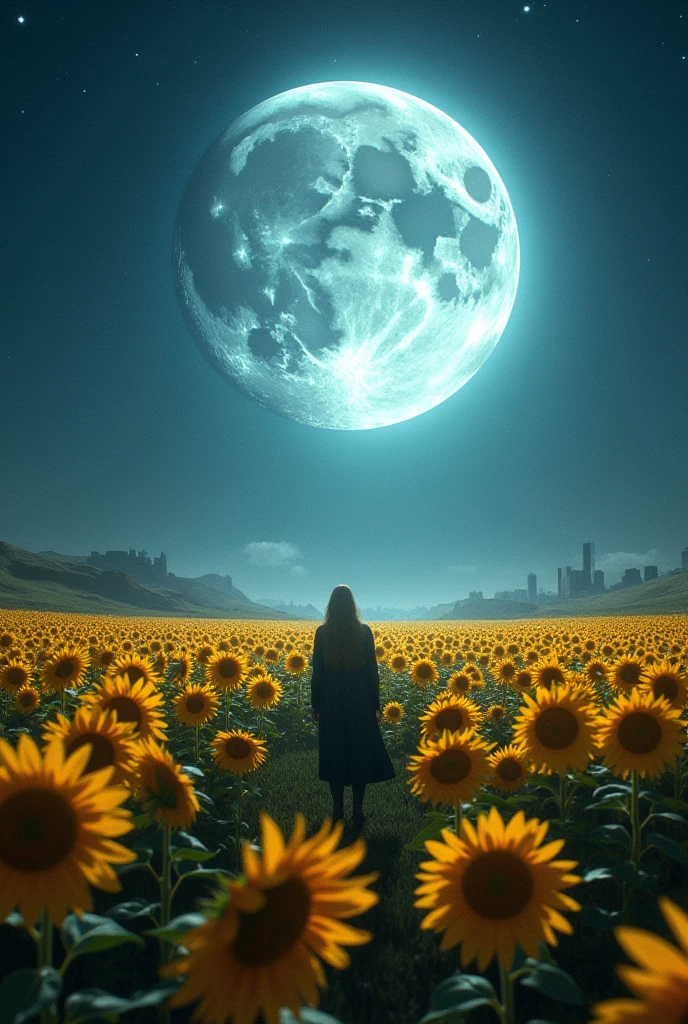 full moon night, science fiction image Sunflower field