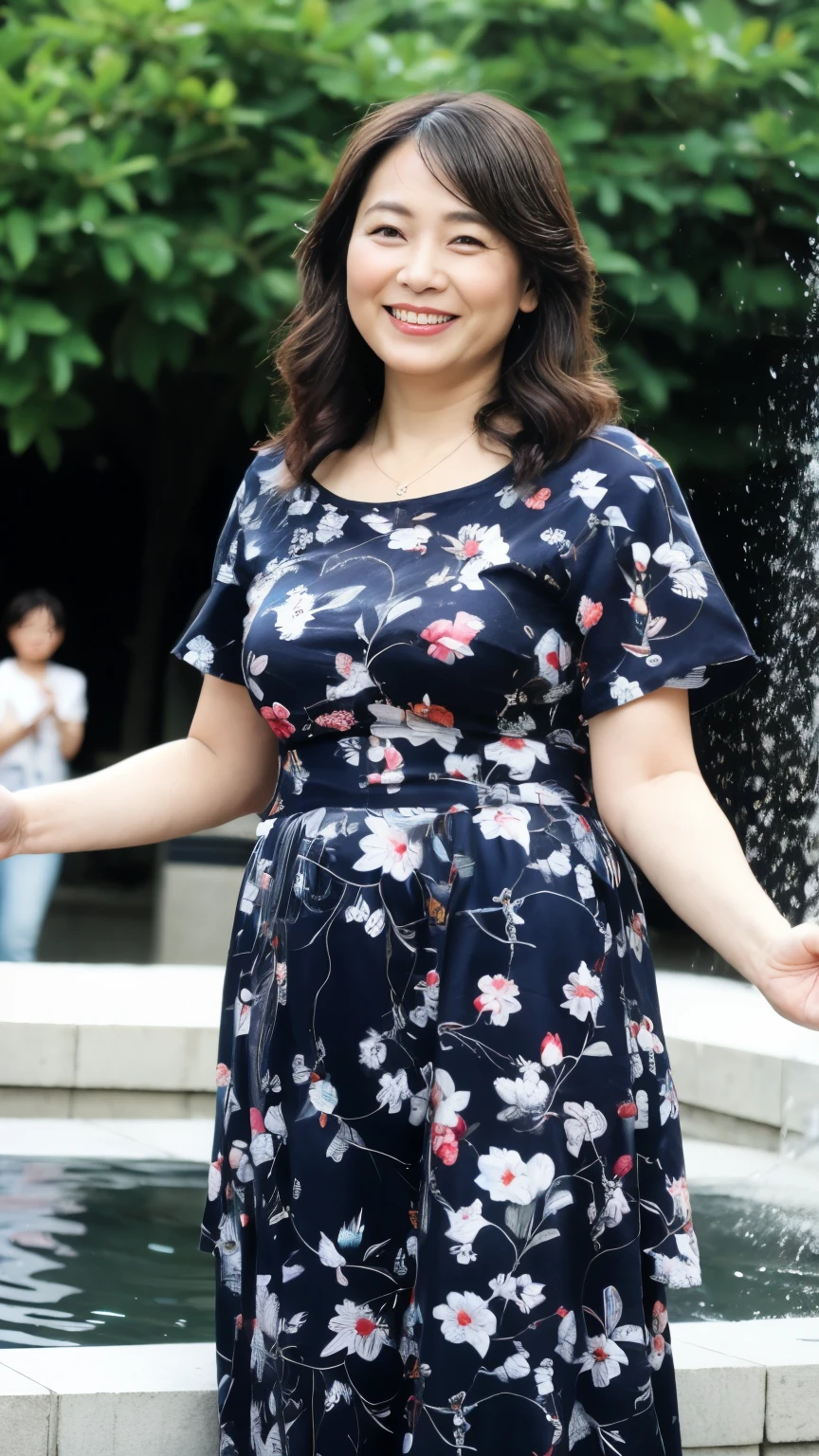 最high quality, In 8K, whole body, Real, Upper Body, high quality, High resolution, Detailed face, Detailed eyes, Thick lips, (Look at the viewers), alone, Middle-aged women, , 60 years old, , Wavy Hair, , Wearing short sleeves, Standing in front of a fountain, Wrinkles around the eyes, Smiling with teeth showing, Background Blur
