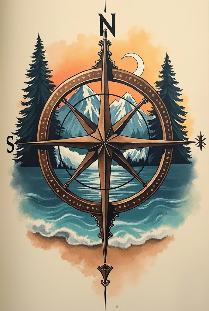 Tattoo design of a central compass where the north has mountains with pine trees and a moon and in the south shows the beach of the Caribbean Sea