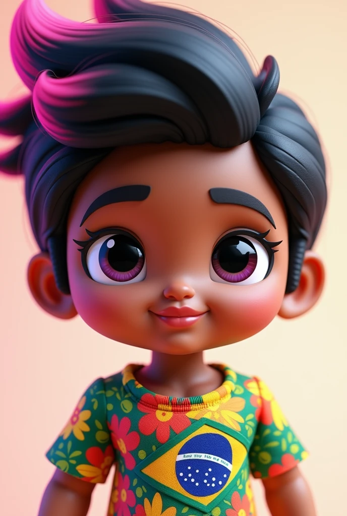 A roblox doll with a brazilian shirt with black hair and pink tips
