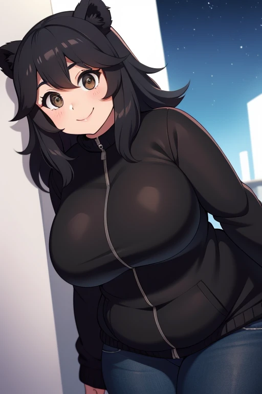 Plump year 21 big breasts black hair brown eyes chubby smile bear girl black jacket night