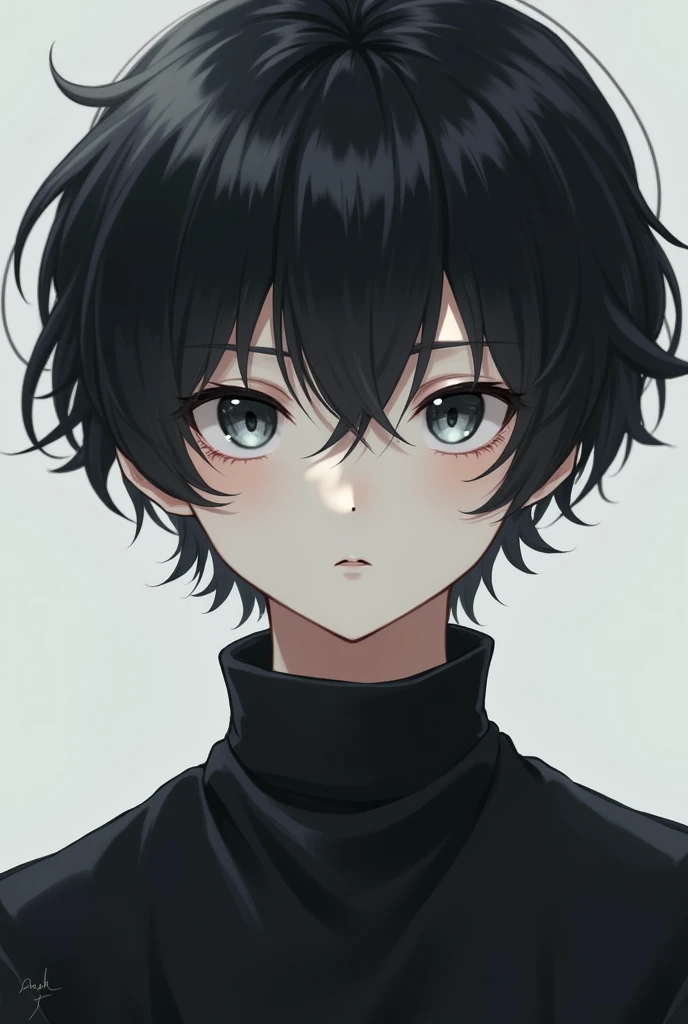 Anime style, best quality, black clothes, fluffy black hair, white skin, boy