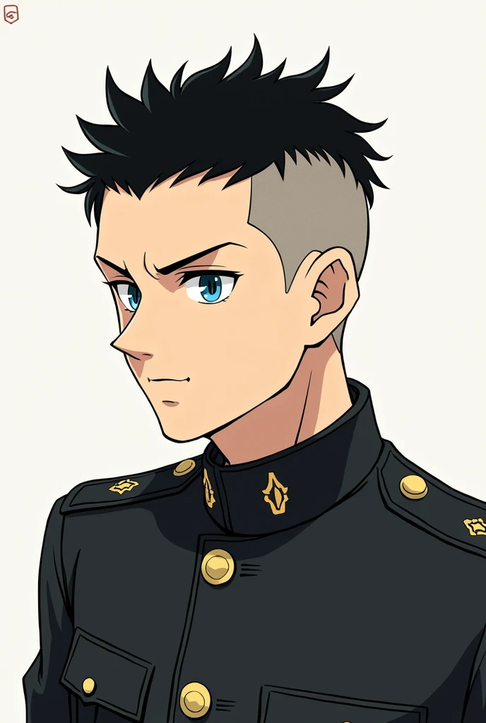 Dans un style manga simple un jeune soldat de 25 ans aux cheveux noirs rasés sur les côté un peu comme un viking. Son oeil gauche est aveugle et son oeil droit est de couleur bleu. Il porte un uniforme noir et sa mâchoire est légèrement carrée