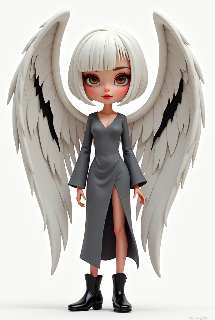 Barbie style CARTOON sexy intimidating look short white hair brown eyes white skin with white angel wings with two black lines in the middle and a long-sleeved gray dress, black boots