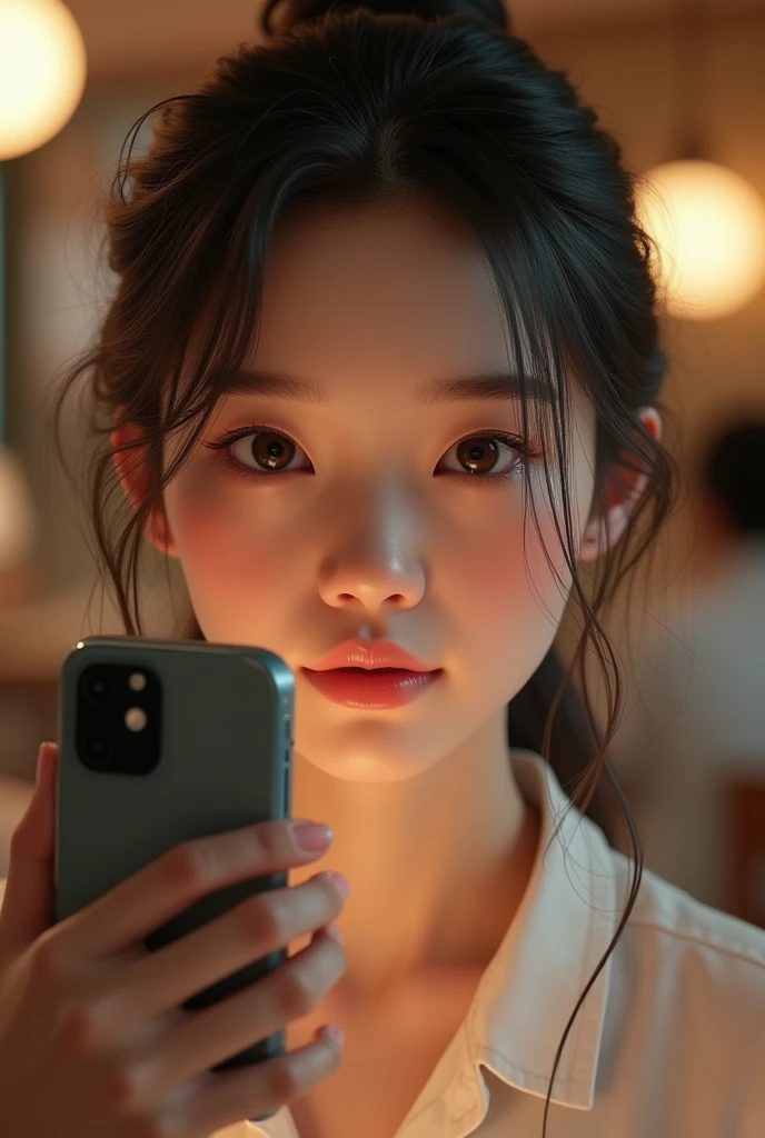 Sam Japanese girl 3d model hyperrealistic with beautiful face age 24 years . Taking a selfie in a restaurant