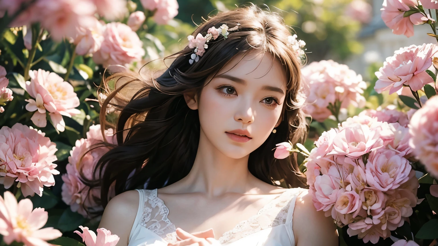 (Absurd,Ultra-high resolution,Very detailed),(Pink and white),Mature Woman,Bust photo,Surrounded by flowers,Blurred flower background,(Blurred:1.3,Soft lighting:1.4,Cinematic Light:1.4)