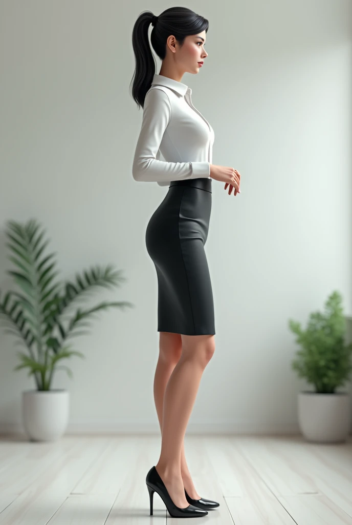 Make a realistic secretary with black high heels in profile