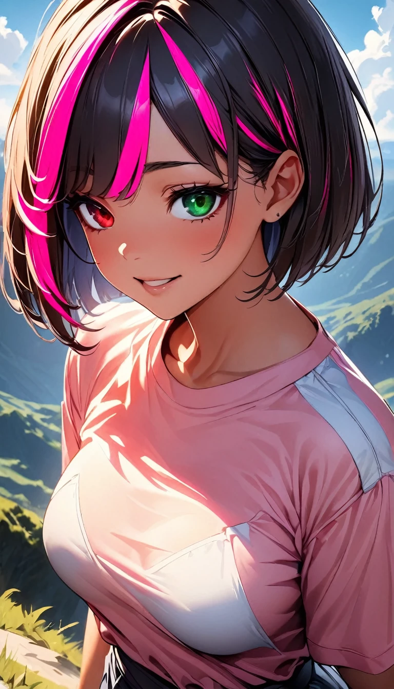 (highest quality:1.2, Very detailed, up to date, Vibrant, Ultra-high resolution, High Contrast, masterpiece:1.2, highest quality, Best aesthetics), Portraiture、girl、solo, (25-years-old:1), slim, heterrochromia, green eye, red eye, Bright colors、Beautiful fine details、Beautiful lip detail、extra short hair, ((bob cut:1.5))、pink and purple, ((streaked hair:1.9)), (highlights hair: 1.6), pink t-shirts, (medium breast:0.7), (tan skin:0.5), (happy:1), sexy hiking wear, hat, ((walking:1)), plateau, great outlook, blue sky, cowboy shot