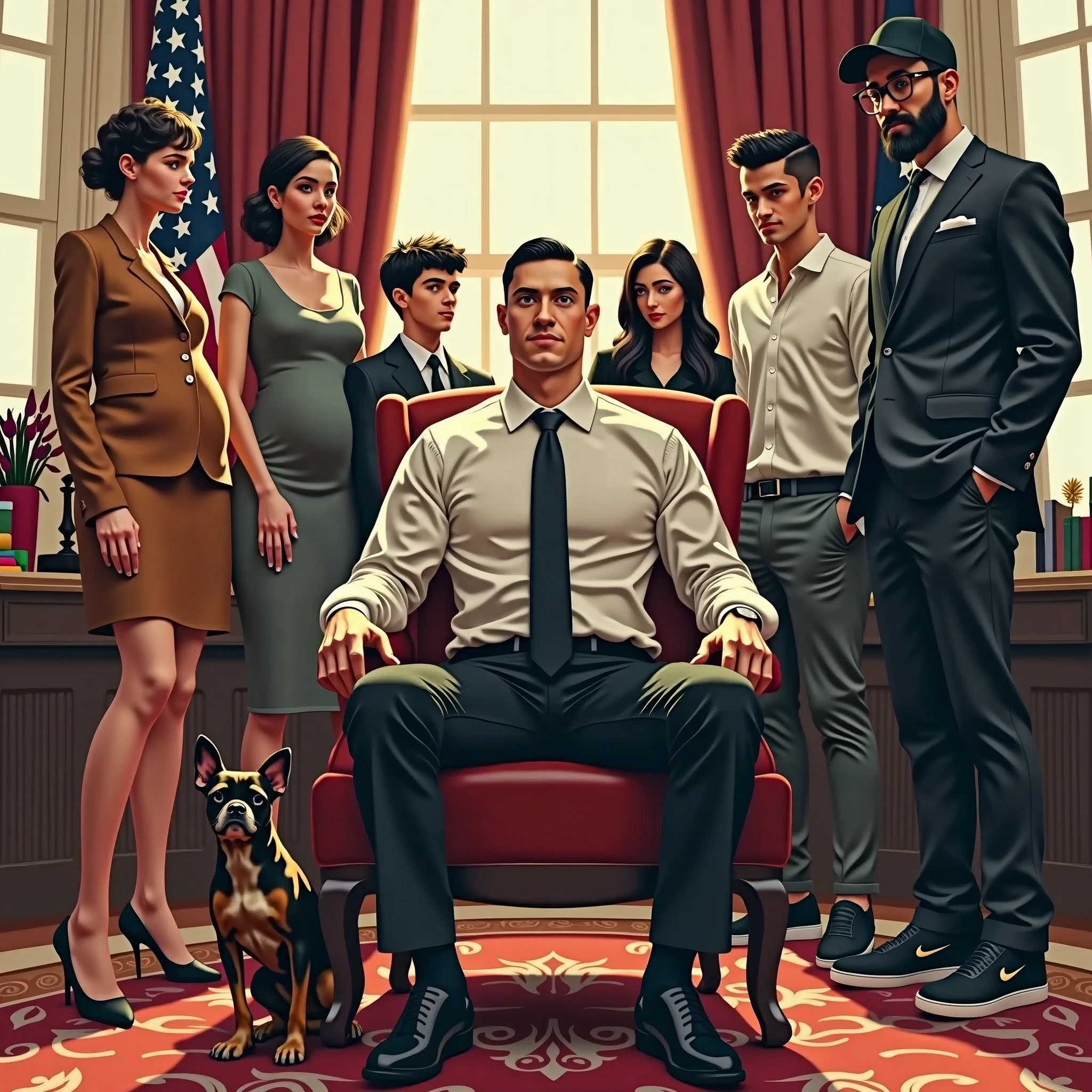insane Masterpiece, unparalleled, (Office: 1.5), CG drawing with super high detail, handsome, cold face, expressionless,, (a man with short black hair, white shirt, black tie, black pants, leather shoes, a little scum: 1.8),, Inside the president's office, luxurious, sitting on a chair, facing the audience, illustrations Animated white skin beautiful girl fashionable pregnant , a pair of short curly haired boys hugging a black haired chihuahua dog, along with a tall man with a black beard wearing reading glasses , Nike flat cap and sport shirt Nike shoes with USA flag background on the back --v 6 --s 1000 --c 20 --q 500 --chaos 100