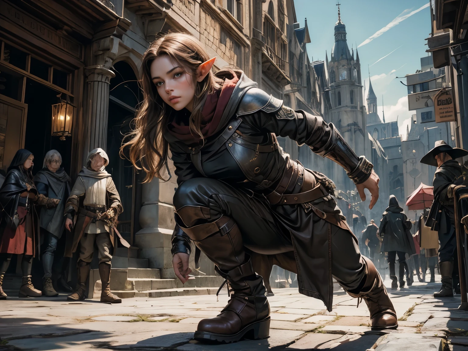 ((Medieval fantasy setting)). Tags: super detail, high details, high quality, best quality, highres, 4K, portret, detailed face, face fix, 1girl
"Echo is a 22-year-old half-elf. She has light brown skin. Thick light chestnut hair with caramel highlights and soft waves. Brown eyes with green hues. Her beautiful face is oval with soft features and pronounced cheekbones. She has full and attractive lips with a natural blush. A slight scar over her right eyebrow. Her ears are small like a human's but pointed like an elf's. Her physique is athletic and slim, she toned and flexible. She has a round and elastic body shapes."
Clothing. Jacket: Dark maroon leather jacket, waist length, with a deep hood that can hide the face. Inserts made of durable fabric on the elbows and shoulders provide protection against impacts without restricting movement. The jacket has many internal pockets for storing small items.
Pants: Dark gray fabric pants with leather inserts on the knees and hips. The pants have a narrow cut, but do not restrict movement. There are several hidden pockets for storing small items or weapons.
Bracers: Dark brown leather bracers protect the forearm from blows, but do not restrict the mobility of the hands. They have additional fasteners to fit snugly against the skin.
Boots: Dark gray leather boots, just below the knee, with soft soles. Inside there are hidden compartments for small items such as throwing knives or amulets.
Background: Fantasy Middle Ages, shopping area of a big city.