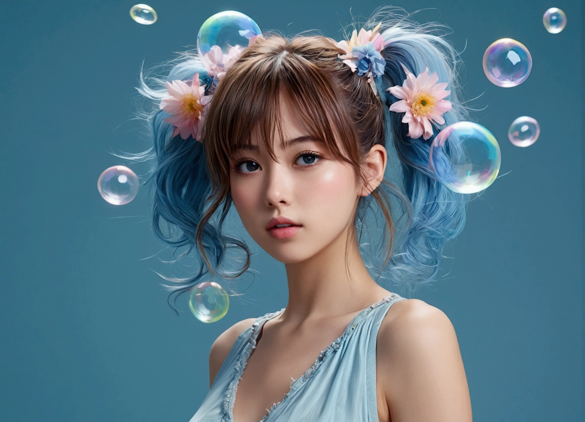 (masterpiece), (best quality), (ultra detailed),(disheveled hair),(illustration), (1girl), (Fashionable clothing), standing, Fashion model, looking at viewer, alice model٫(simple background),beautiful detailed eyes, delicate beautiful face, Floating,(high saturation),(colorful splashes),colorful bubble,(shining), focus on face, ponytail, kamisato ayaka, light blue hair, bangs, hair ring, floating flowers, floating hairs, (shining), best lighting, best shadow,sexy body٫ (hot body)