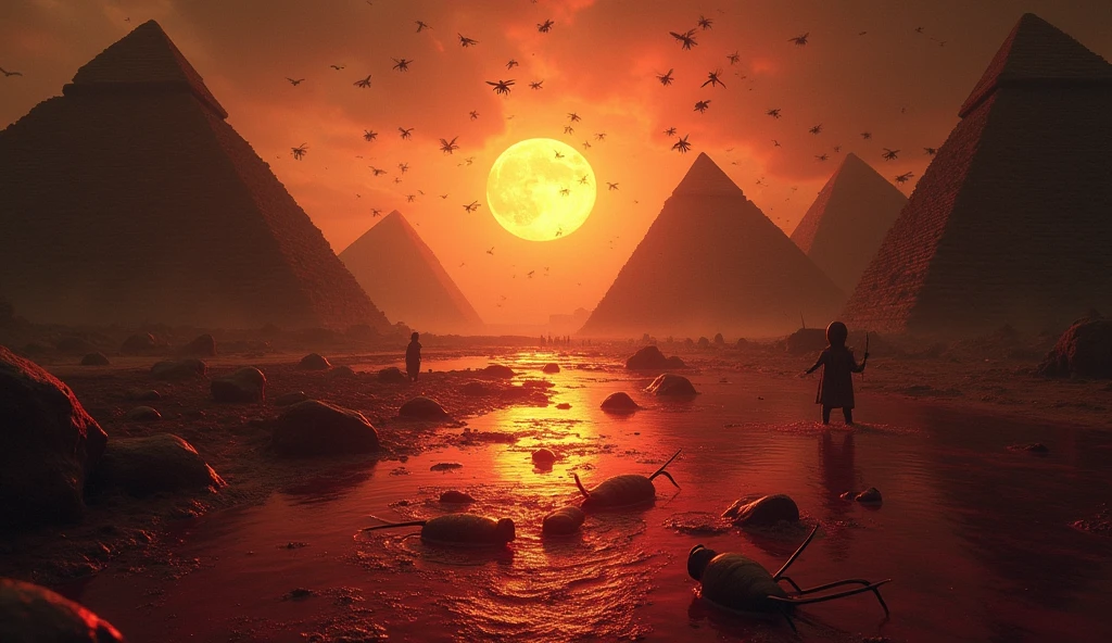 "A dynamic scene showing the plagues of Egypt, with insects, water turned to blood, and darkness, dark and dramatic colors creating chaos, Egyptians in despair, 16:9 --v 6 --ar 16:9 --style 4b"