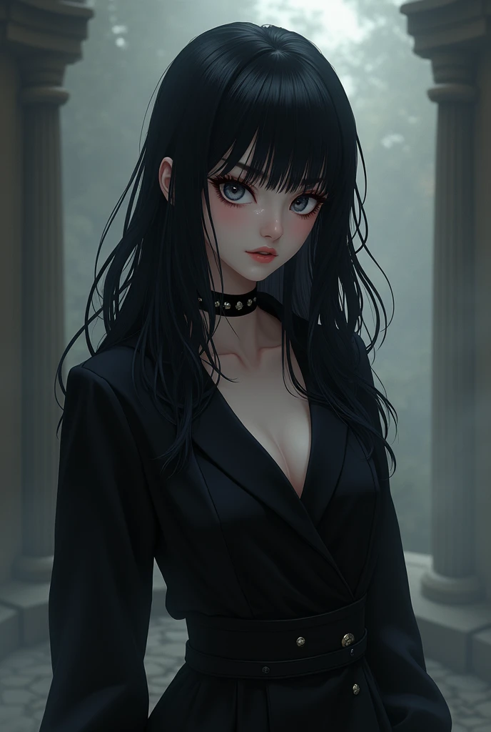Anime style, best quality, black clothes, fluffy black hair, white skin