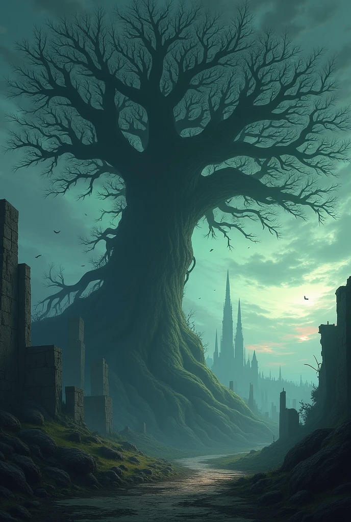 Generate this and make it look dark and intriguing and the title "The Withering,"
In a world of magic and knights 🧙♂️⚔️, where the wealthy reign supreme and the impoverished suffer, corruption runs rampant 💀. Asashi, born into a wealthy family, finds himself among the poor after a catastrophic event spreads a deadly disease. Strangely, while the disease spreads quickly among others, its effects on Asashi are slow, yet profound, altering his perspective on life and society. The disease progresses gradually within him, motivating him to seek a cure not only for himself but also for others affected.
Moreover, the disease isn't confined to humans; it affects plants, animals and slowly contaminates the earth. This ecological threat intensifies Asashi's urgency to find a solution. It becomes a race against time as the "Tree of Knowledge" 🌳, rumored to hold the cure, may also be at risk of infection. If Asashi doesn't find the answers he seeks soon, he risks succumbing to the disease himself. Follow his gripping journey into the depths of darkness as he seeks answers that could not only save lives but also reshape the fate of all...
ADD THE TITLE "THE WITHERING"
Make it look dark, and anime and mysterious, with no characters