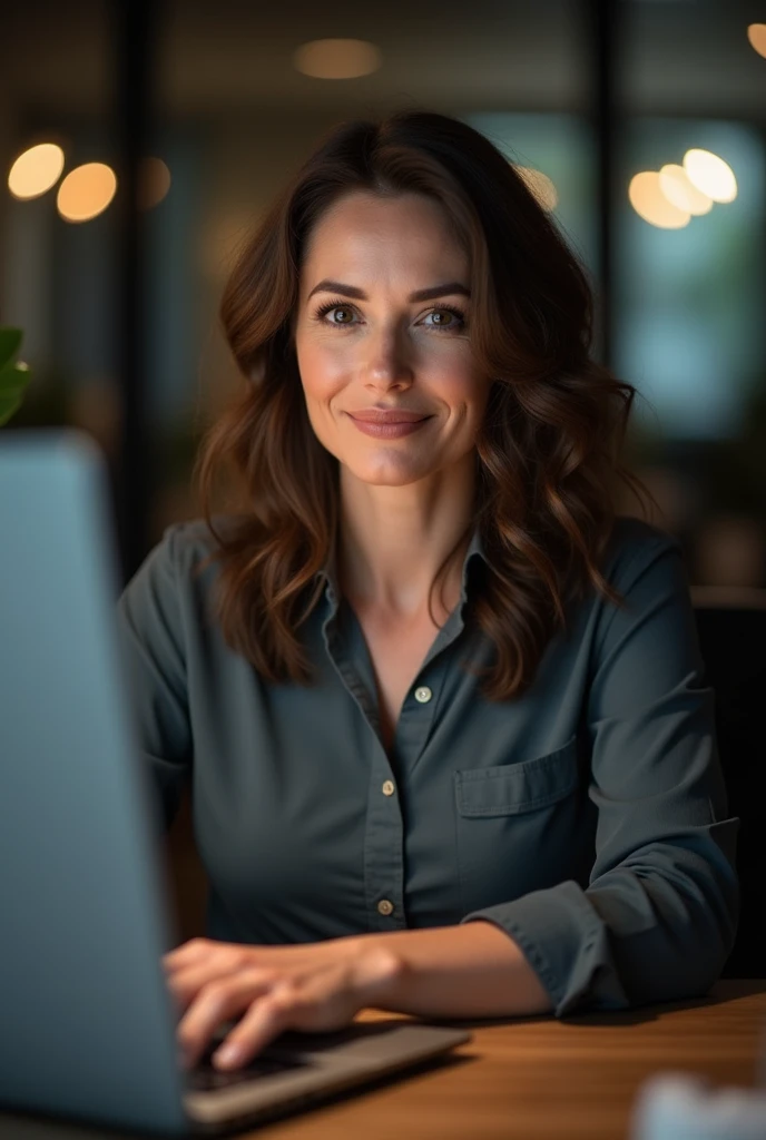 a beautiful 40 year old woman with medium brown hair, detailedeyes, nase, and lips, wearing professional clothing, sitting in his office, using your computer, HP computer (best qualityer,4K,8k,high resolution,work of art:1.2),ultra detali,(realisitic,photorealisitic,photo-realisitic:1.37),HDR,studio lighting,extremely detailed face and body, portraite,cinematic lighting,dramatic lighting,warm color tones,dramatic colors
