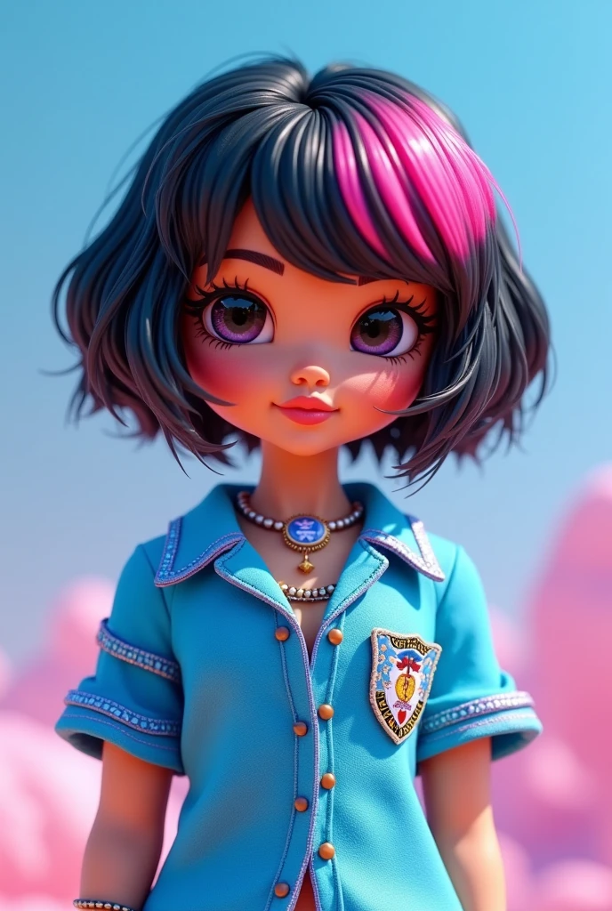 A roblox doll with a blue Brazilian shirt with black hair and pink tips