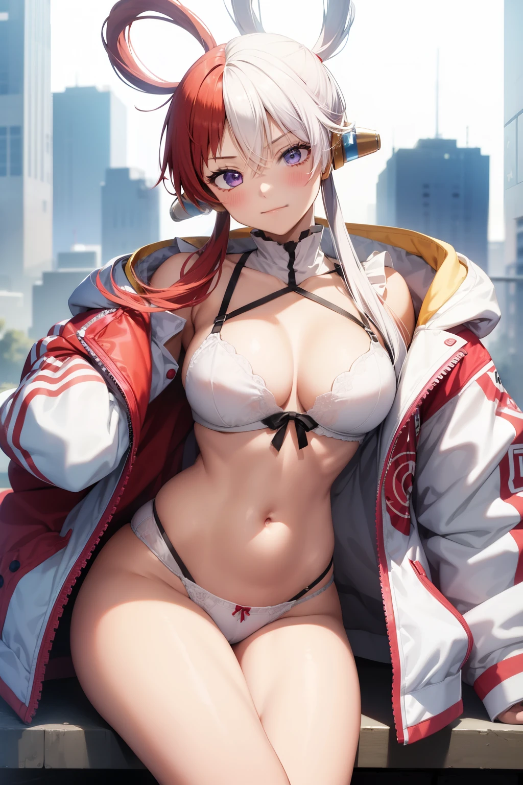 Uta , 1girl , anime , masterpiece , red and white hair, jaqueta aberta open clothes ,medium breasts ,bra, pantie , socks , smug face ,blush , belly button piercing