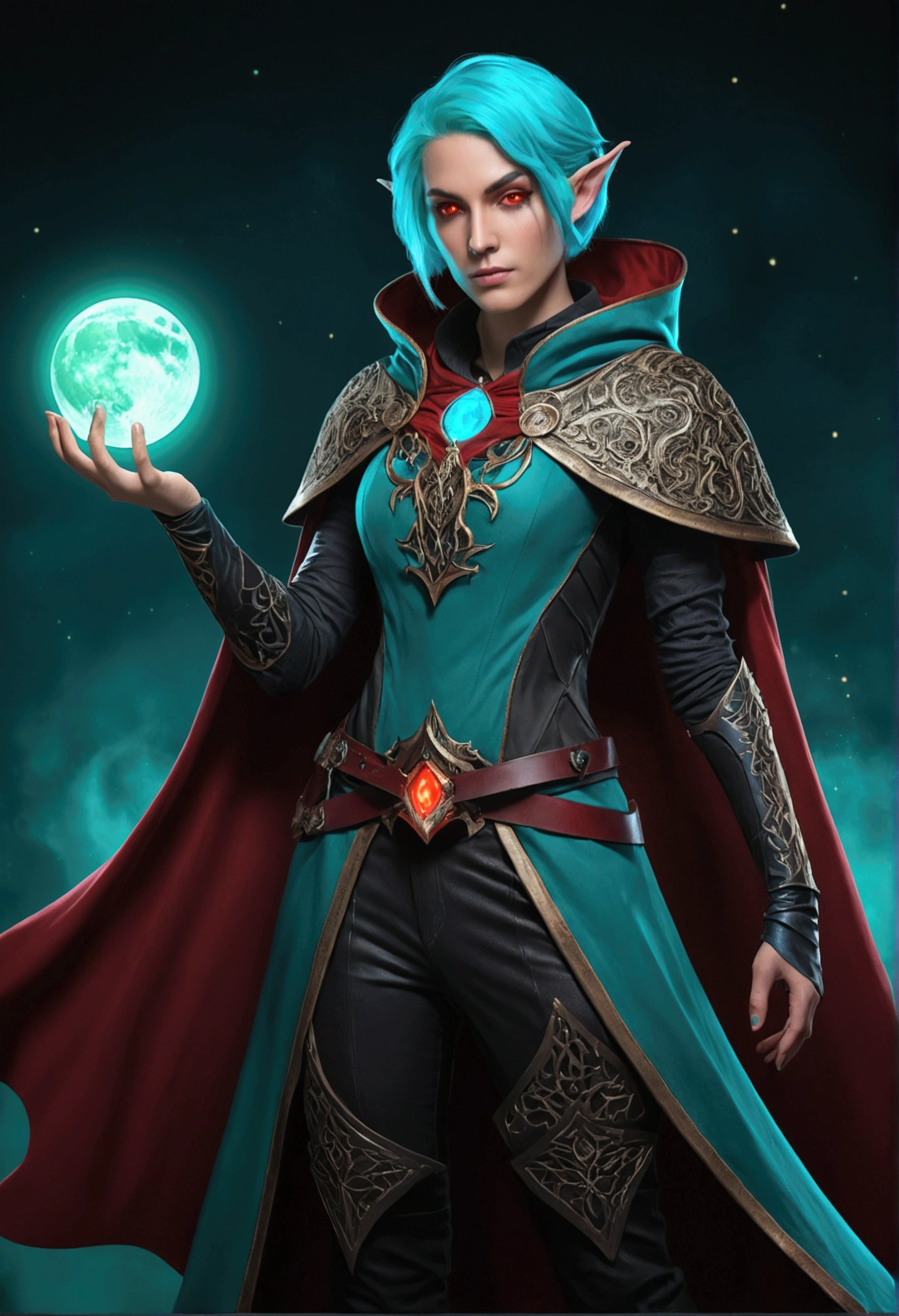 A moon elf nonbinary person with bright teal hair a red cloak and glowing eyes ready to assassinate. Warlock who drains souls. Full body.