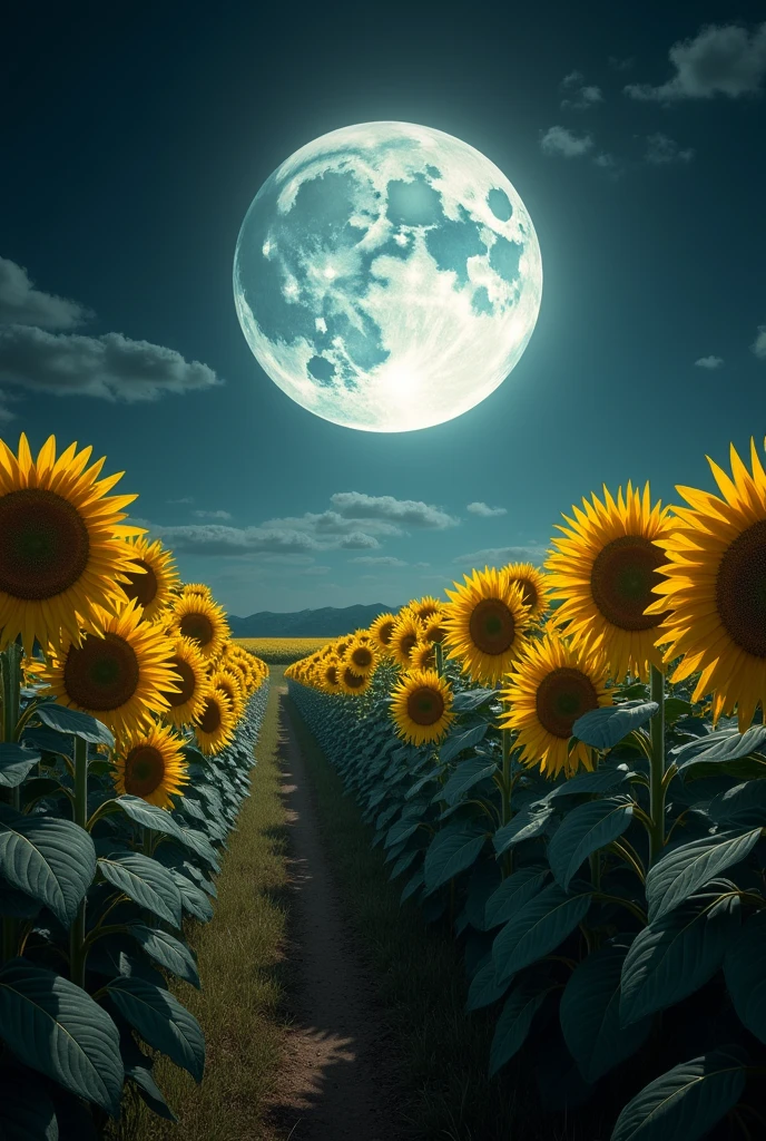 full moon night, science fiction image Sunflower field