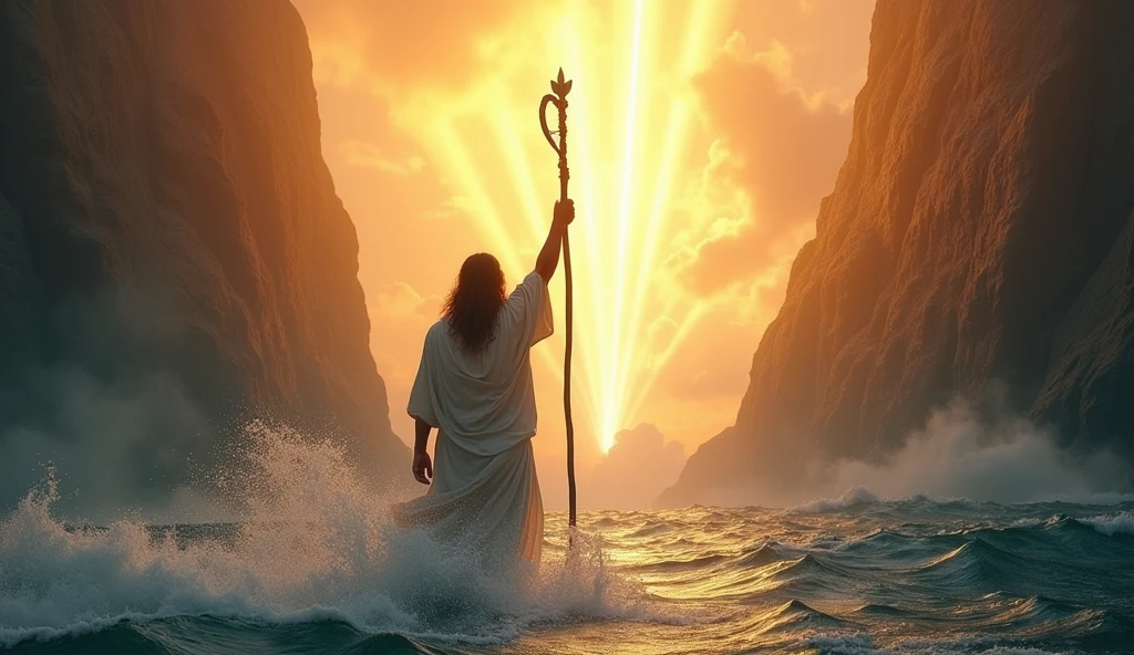 "Moses raising his staff, with the waters of the Red Sea parting into two walls, illuminated sky with rays of light reflecting hope, expressions of awe and faith from the Hebrews, 16:9 --v 6 --ar 16:9 --style 4b"