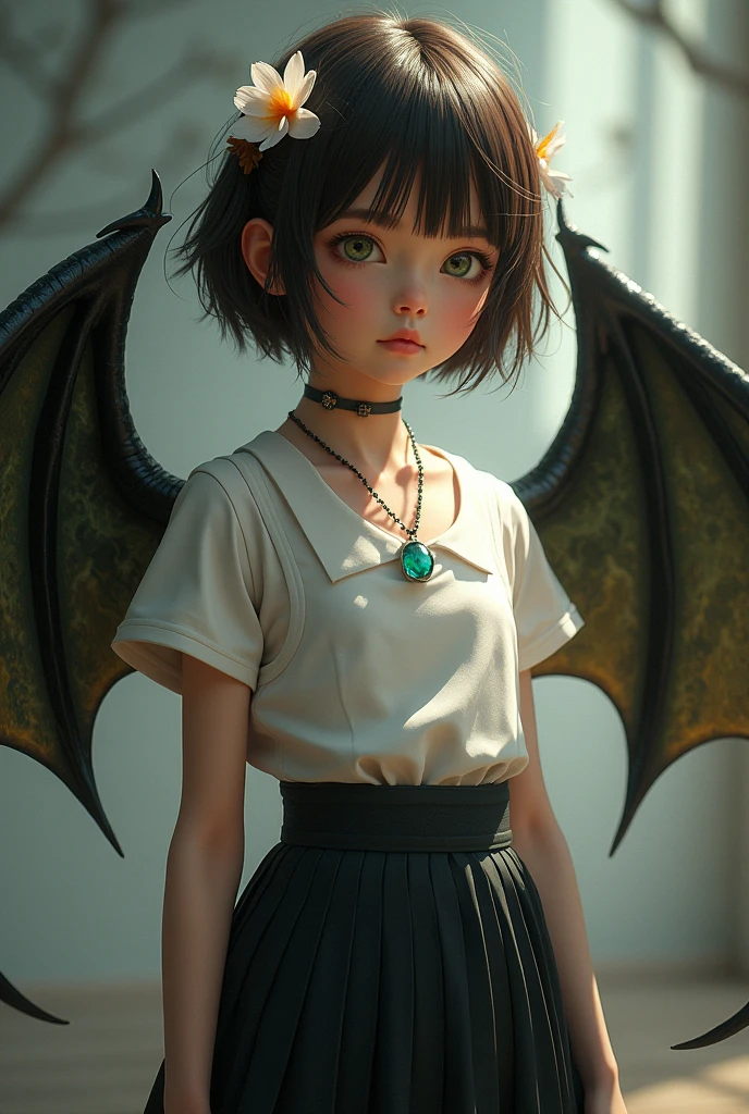 a drawing of a fair-skinned girl with short brown hair, green eyes, a black dragon wing and a necklace with a cyan stone wearing a white school vest and a black skirt and a pixie-style flower accessory
